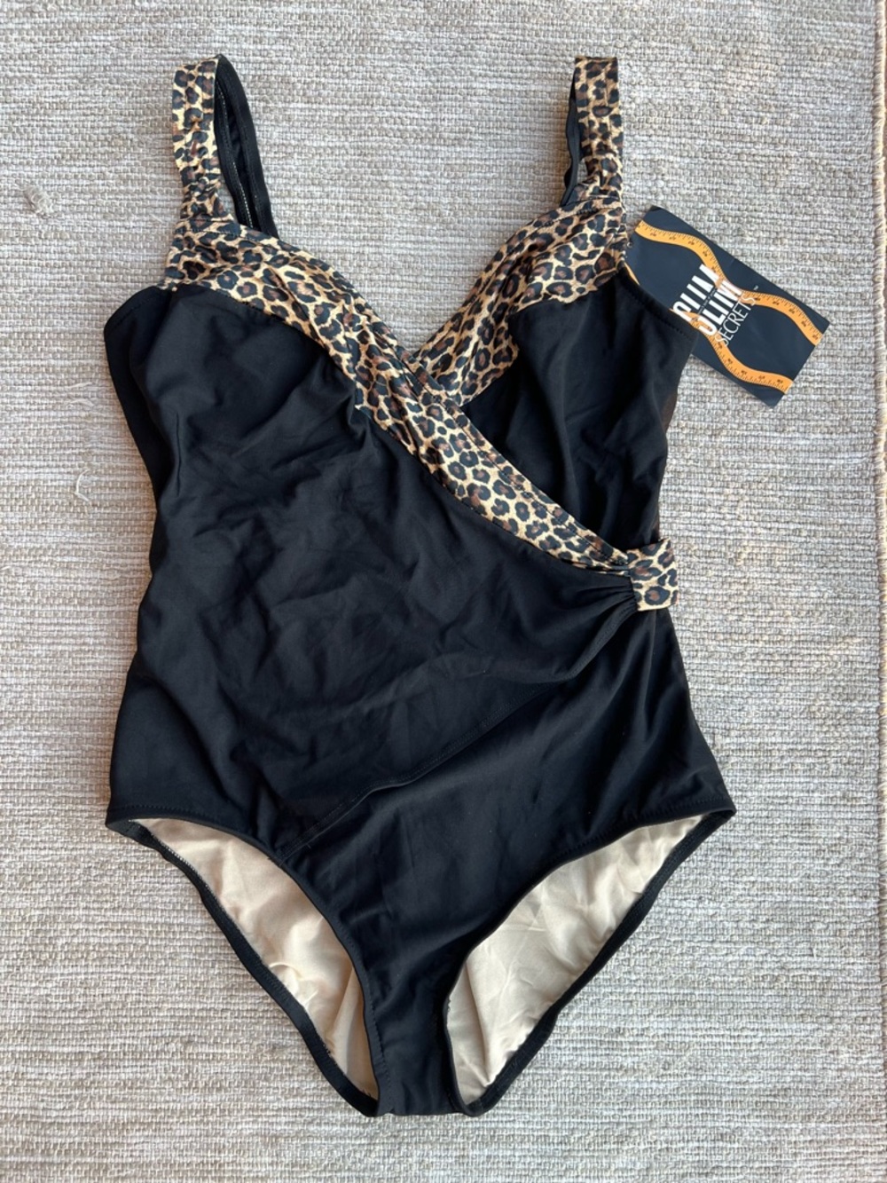 SLIM SECRETS Swim Plus Size Black One-pice Swim with Leopard Print Trim size 16